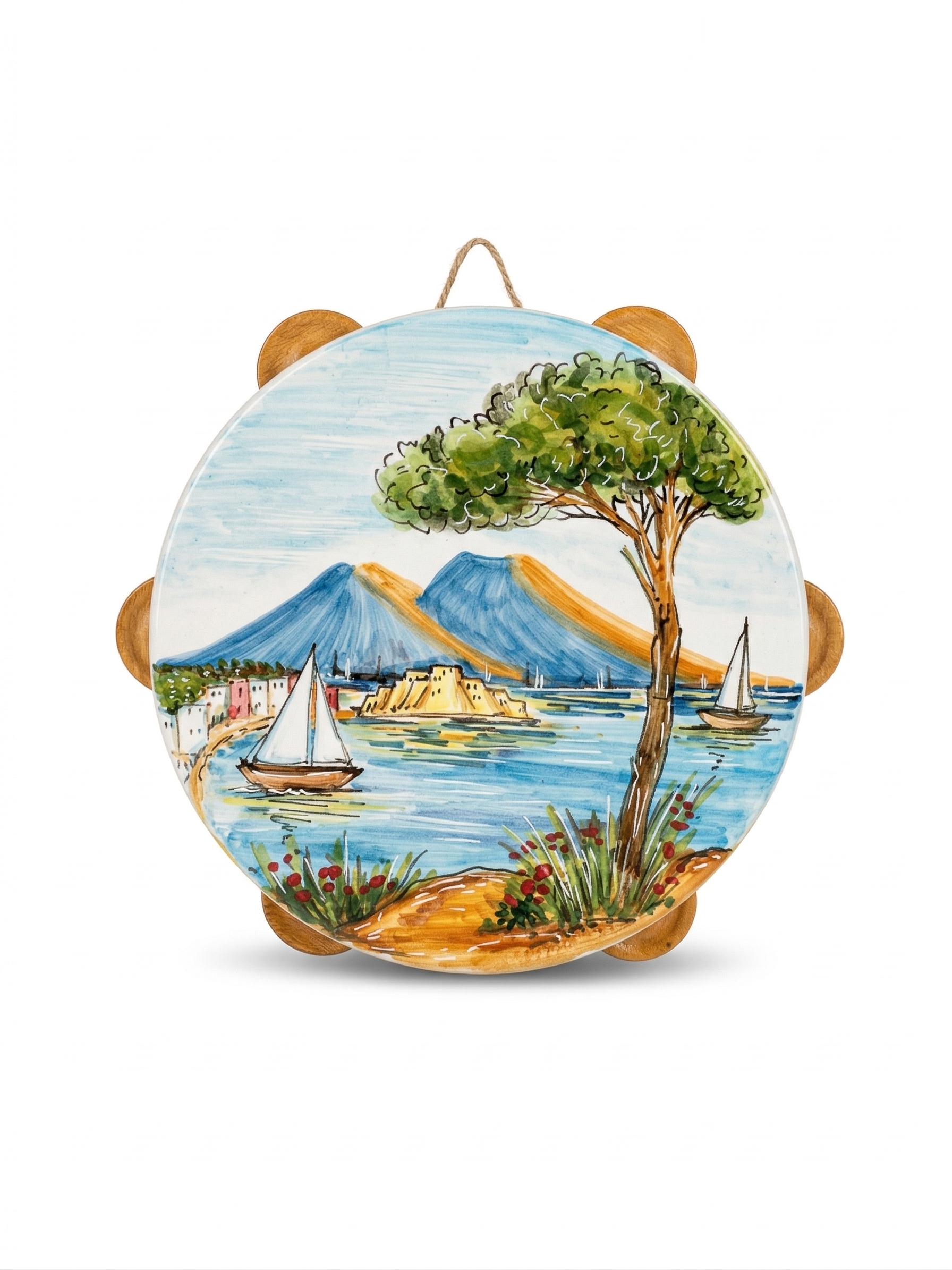 Tamburello in Ceramica Decorato con Panorama di Napoli
