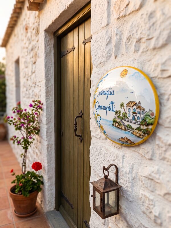 Targa in ceramica Famiglia Giampitti con paesaggio marino