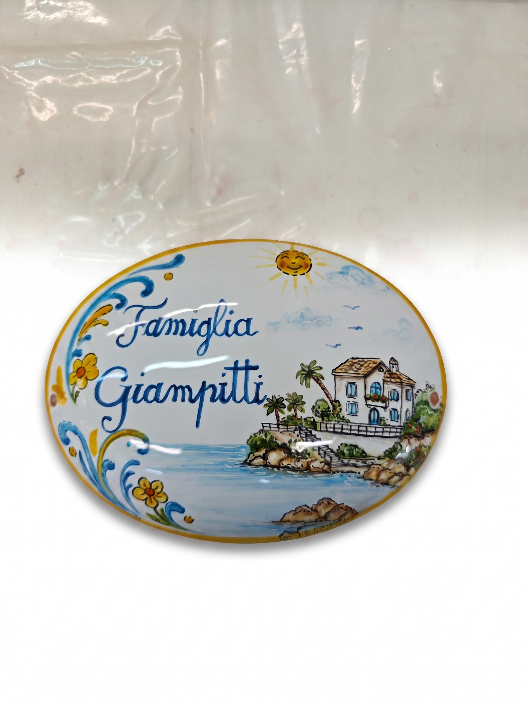 Targa in ceramica Famiglia Giampitti con paesaggio marino