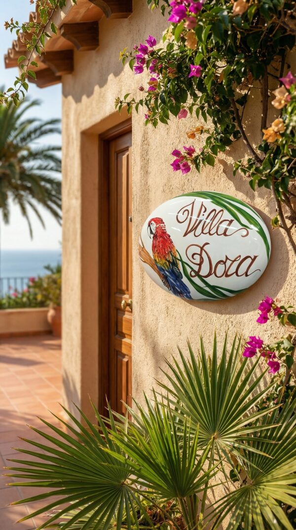 Targa in Ceramica Personalizzata Villa Dora con Pappagallo