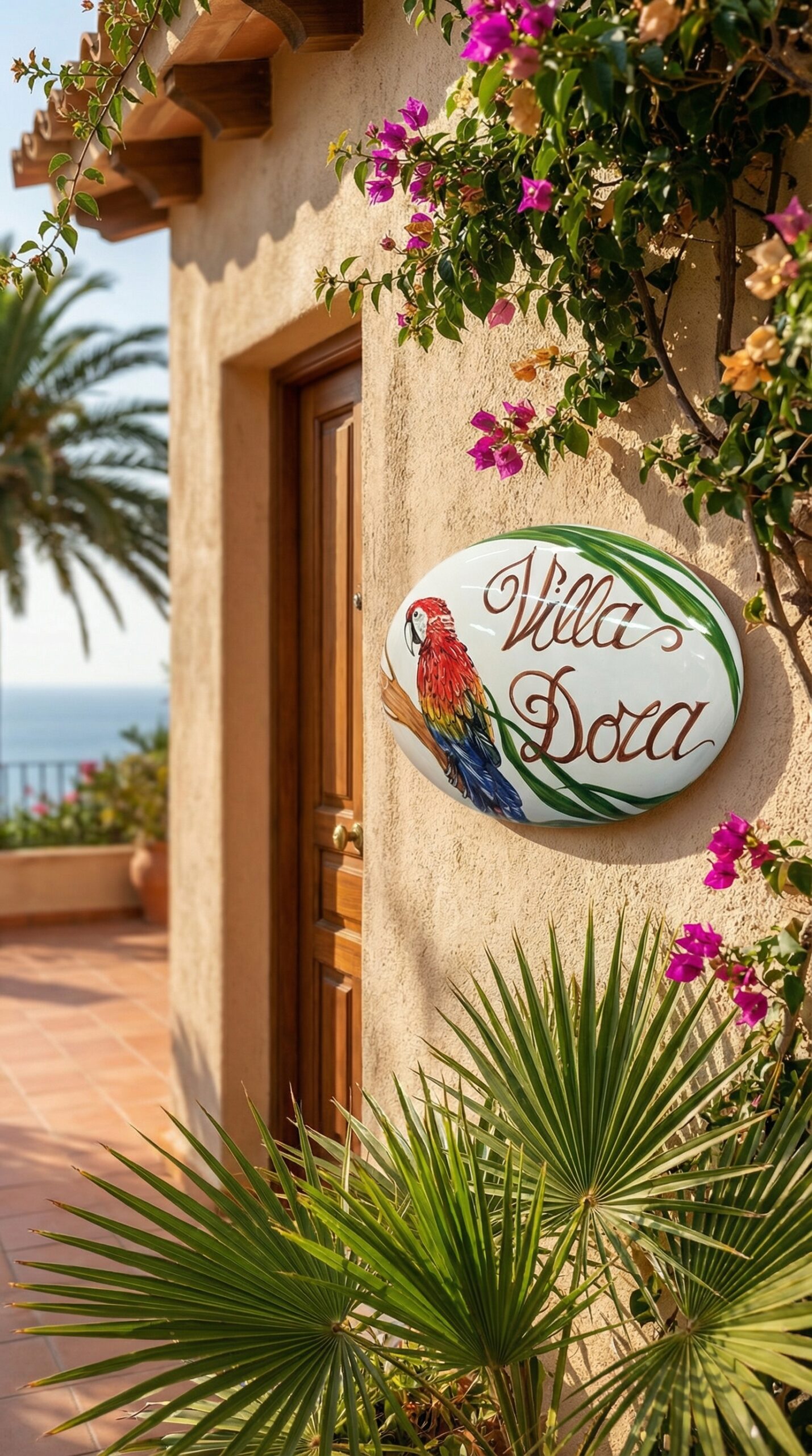 Targa in Ceramica Personalizzata Villa Dora con Pappagallo