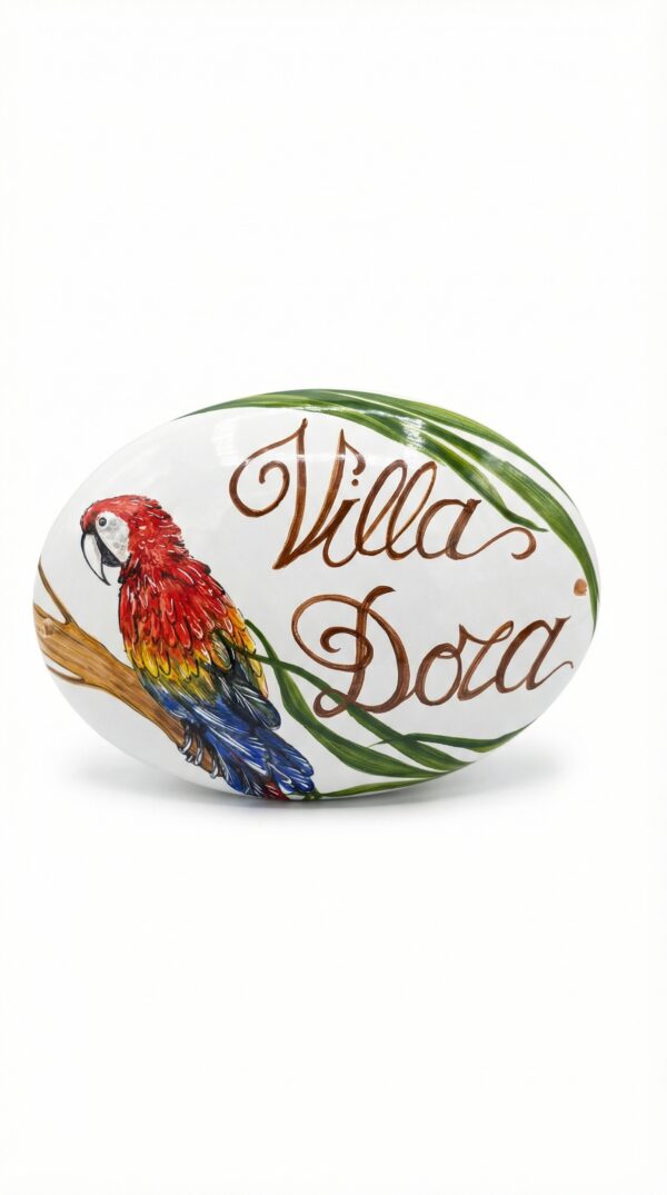 Targa in Ceramica Personalizzata Villa Dora con Pappagallo