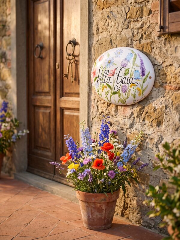 Targa in ceramica Villa Gaia con decoro floreale