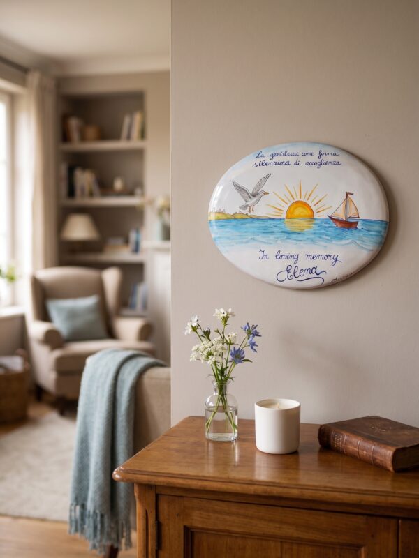Targa Ovale in Ceramica con Paesaggio Marino e Dedica