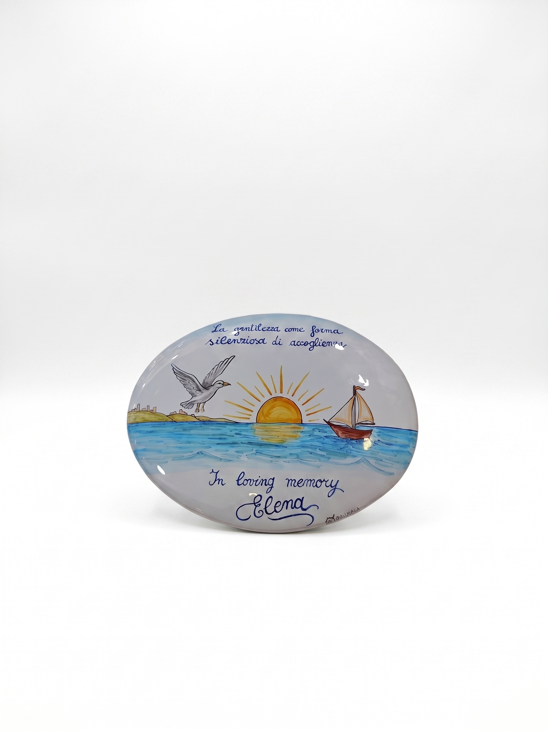 Targa Ovale in Ceramica con Paesaggio Marino e Dedica
