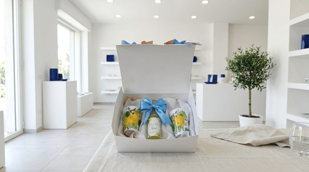 Set bomboniera matrimonio con bottiglia di limoncello e bicchierini in ceramica decorata su tavola apparecchiata