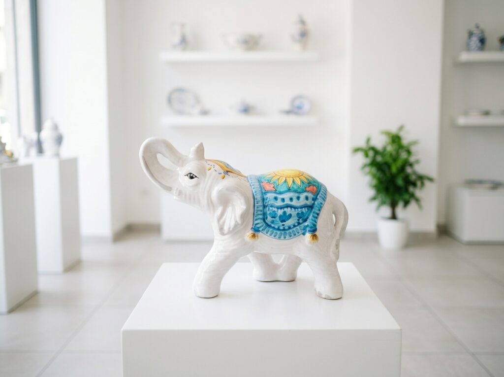 Elefante portafortuna in ceramica decorata esposto su mensola bianca nello showroom
