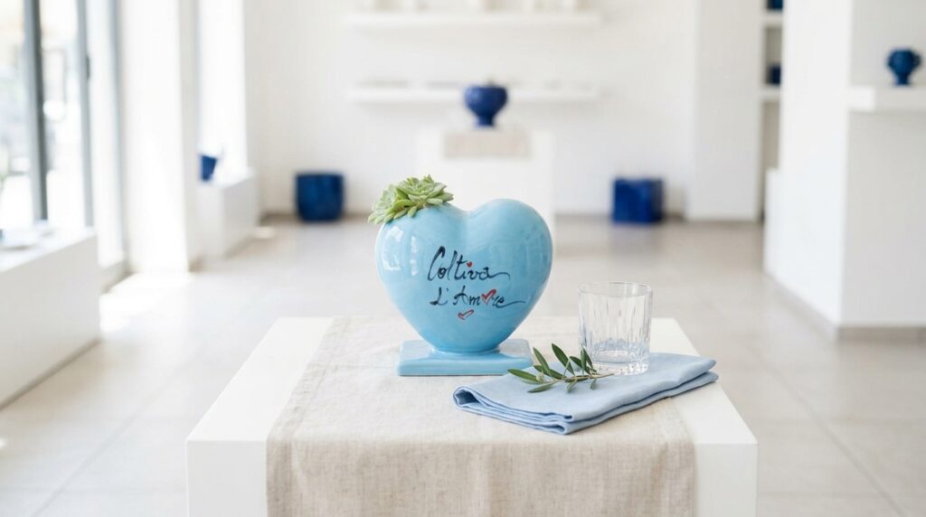 Vaso cuore in ceramica azzurra su una tavola da matrimonio elegantemente apparecchiata con lino e dettagli minimalisti