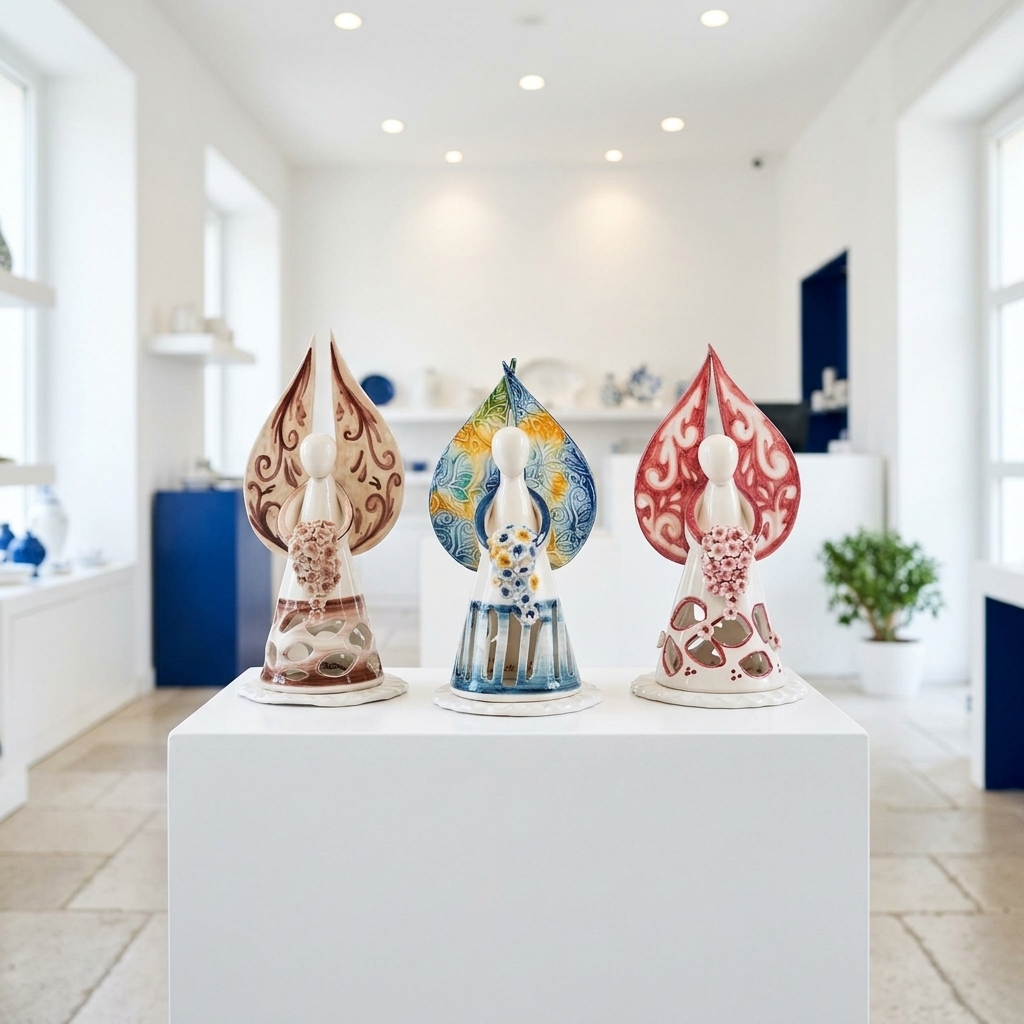 Angelo porta candela moderno in ceramica bianca esposto sulle mensole chiare dello showroom