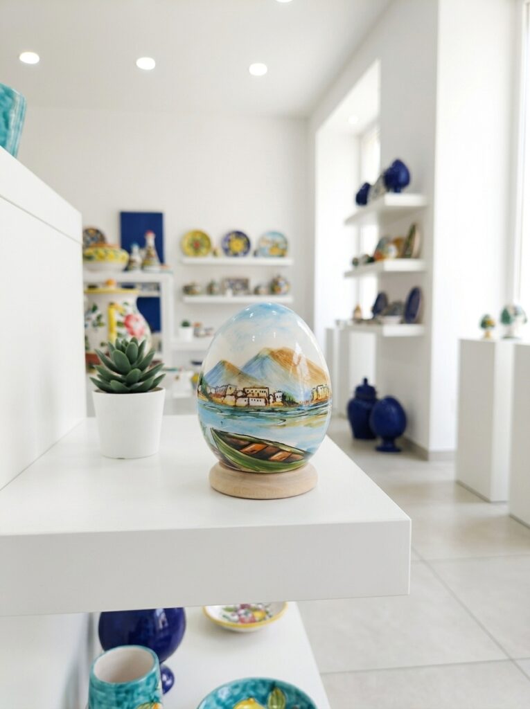 Uovo in ceramica dipinto a mano esposto su una mensola bianca luminosa all'interno dello showroom