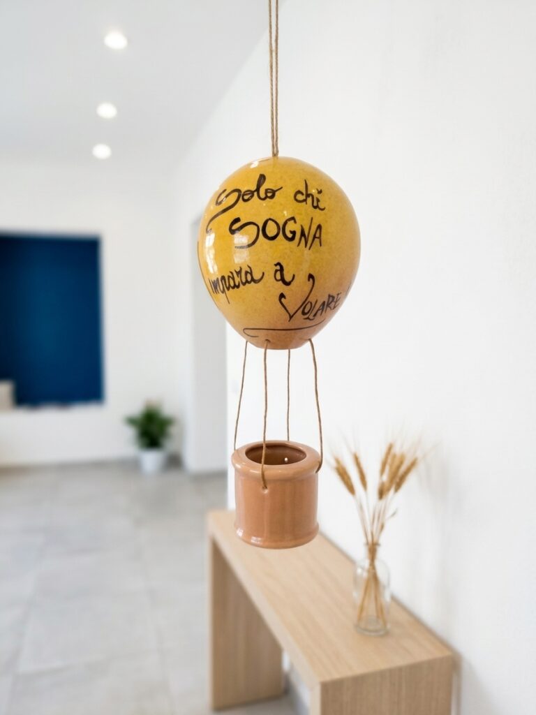 Mongolfiera in ceramica gialla appesa alla parete bianca dello showroom di Olimpia Ceramiche