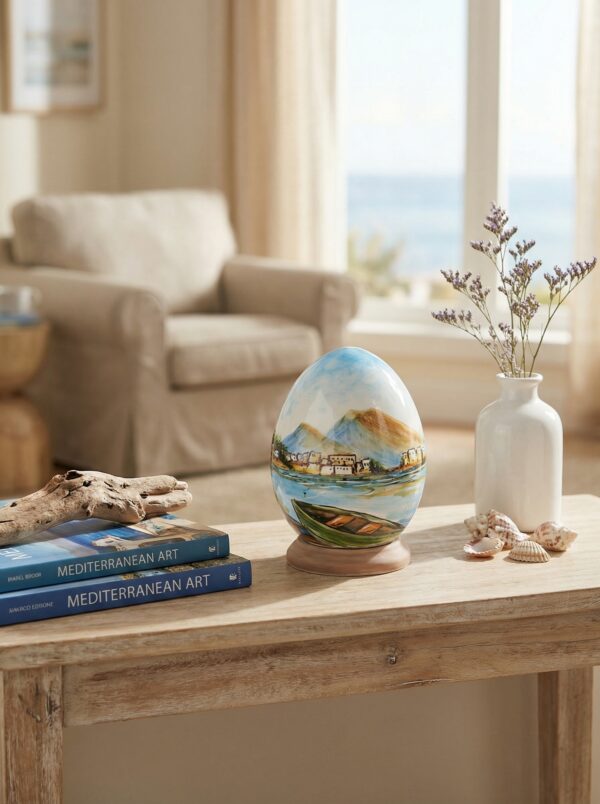 Uovo in ceramica dipinto a mano con paesaggio marino