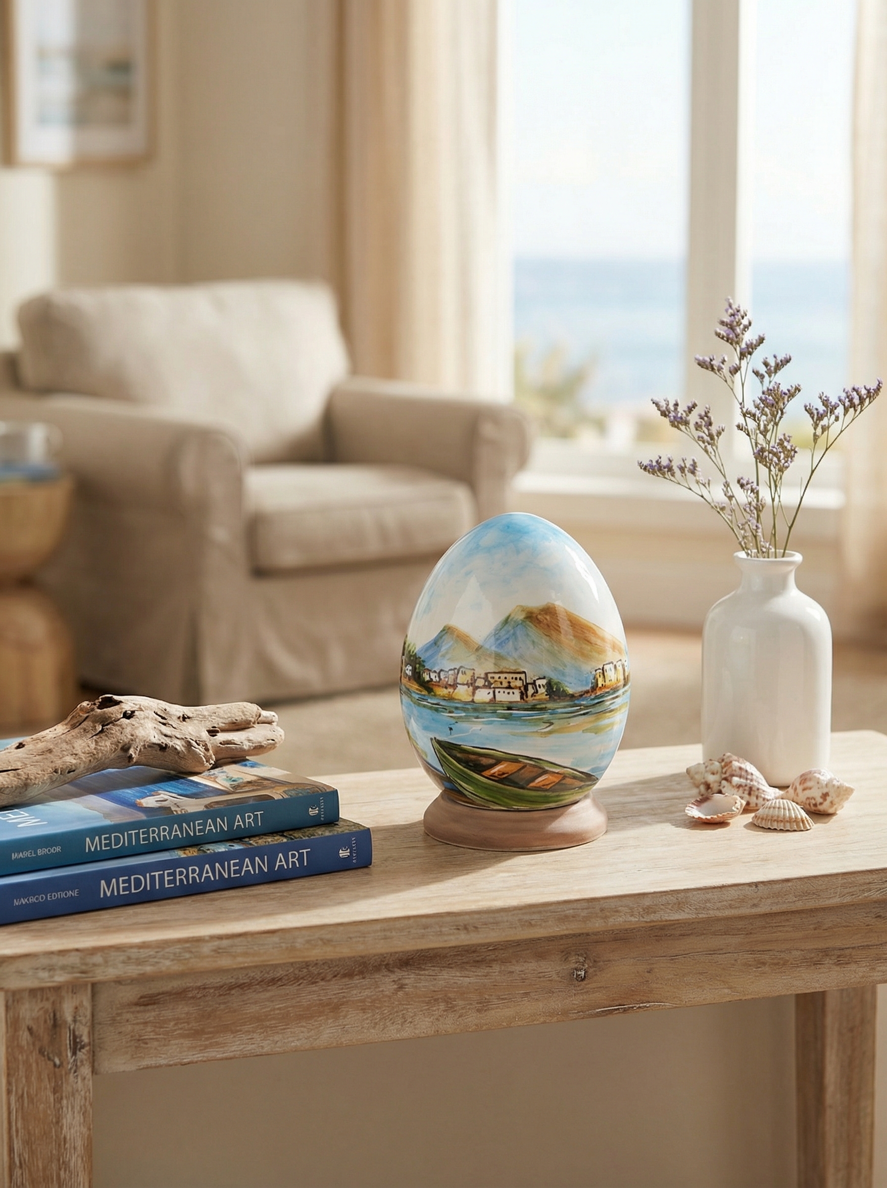 Uovo in ceramica dipinto a mano con paesaggio marino