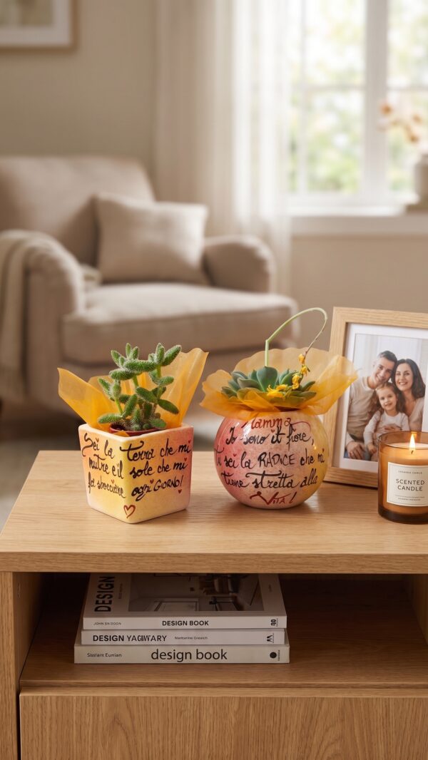 Vasi in ceramica con dedica per la mamma e piante grasse