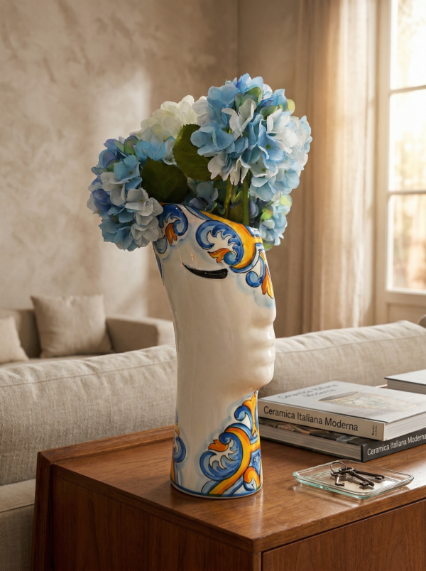 Vaso in ceramica a forma di volto con decori blu e arancio