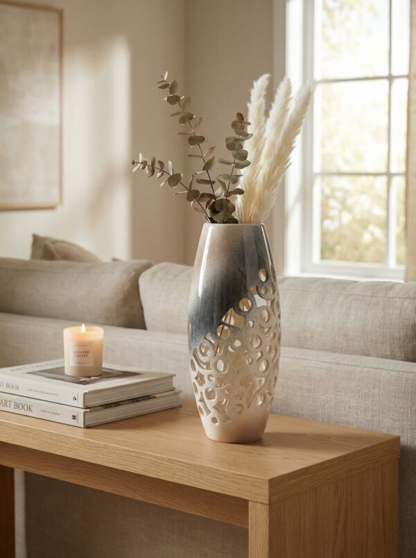 Vaso in ceramica traforato moderno grigio e panna