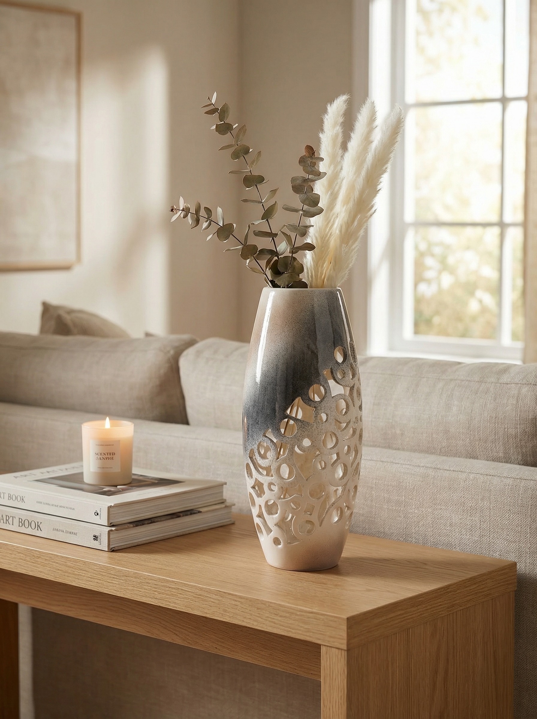 Vaso in ceramica traforato moderno grigio e panna