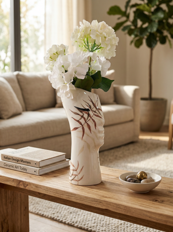 Vaso Viso in Ceramica con Foglie - Design Moderno